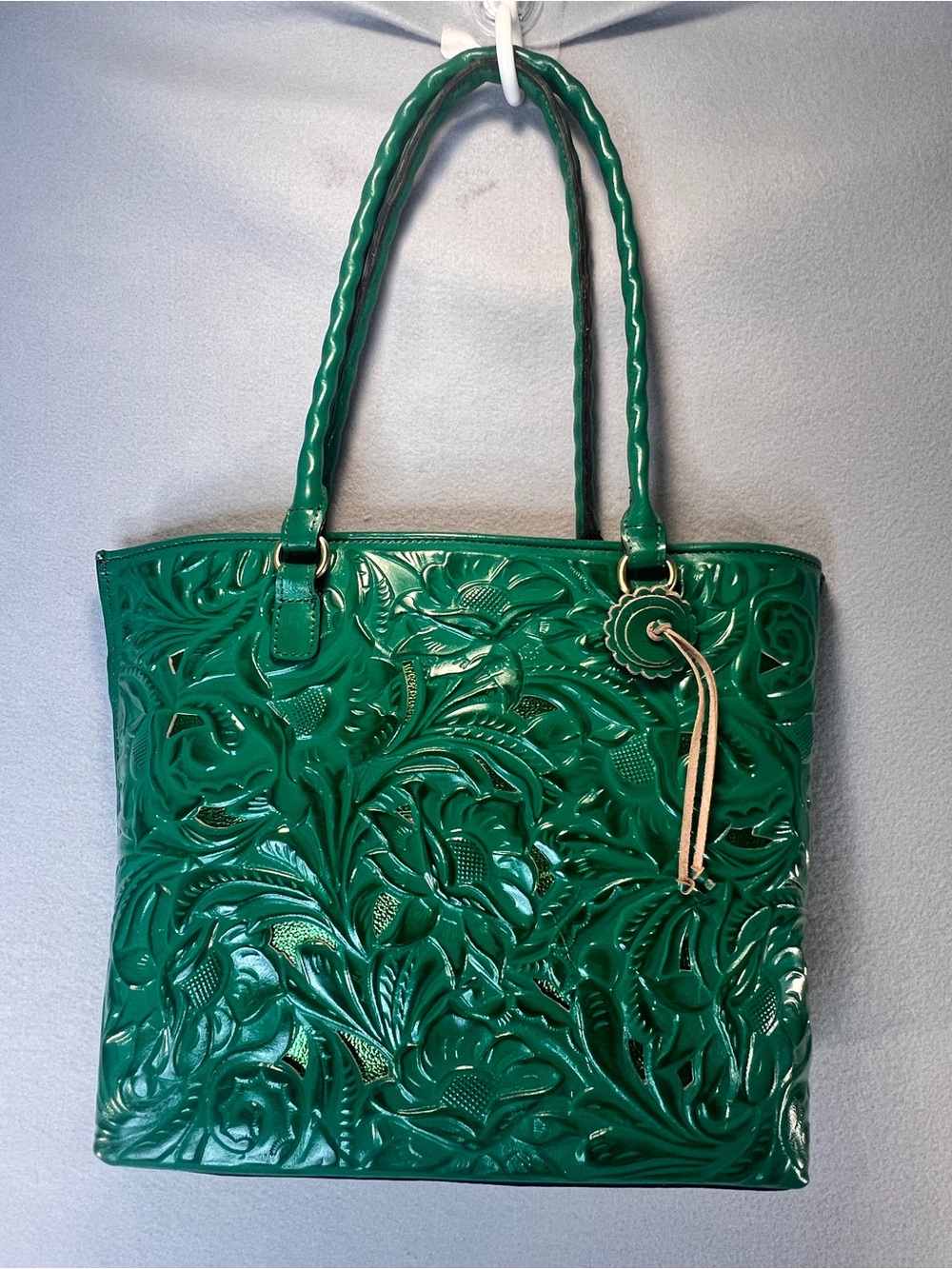 Patricia Nash Adeline Leather Cutout Tooled Tote Bag Emerald Green Scroll Large
